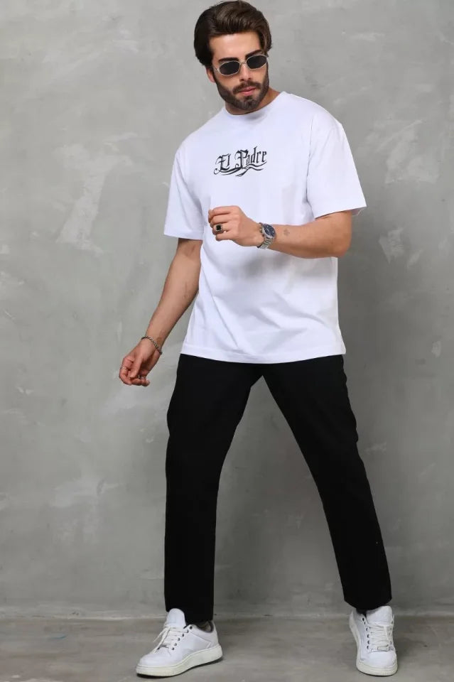 Unisex Bisiklet Yaka Baskılı Oversize T-Shirt - Beyaz (110538)