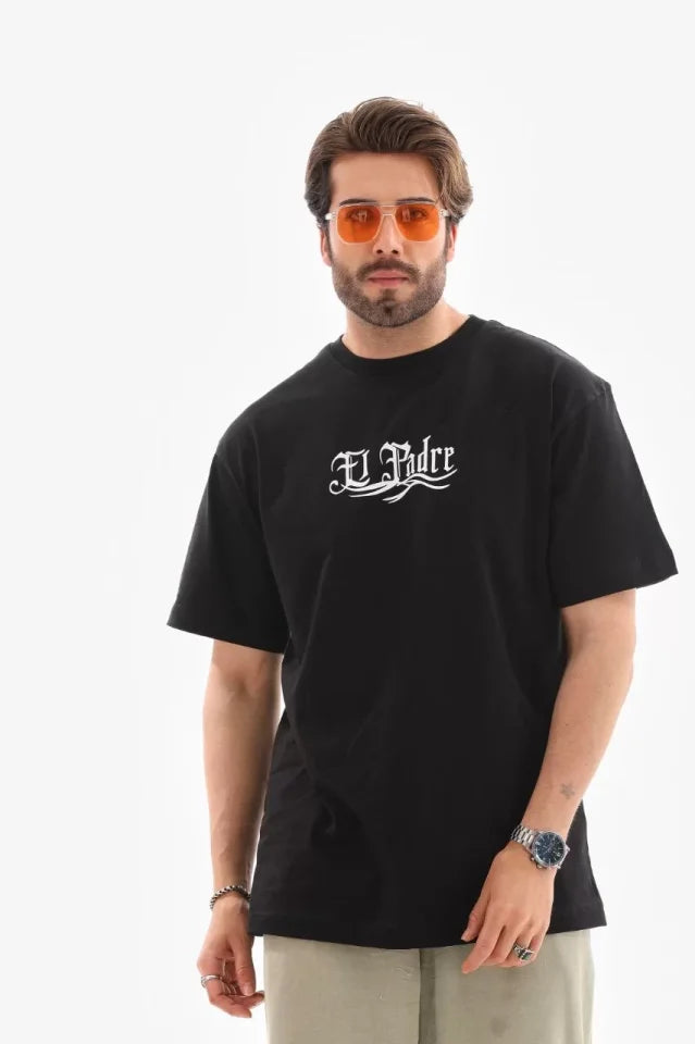 Unisex Bisiklet Yaka Baskılı Oversize T-Shirt - Siyah (110539)