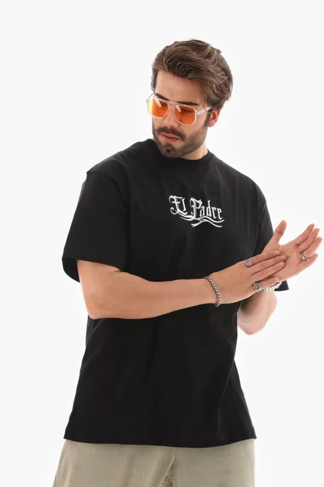 Unisex Bisiklet Yaka Baskılı Oversize T-Shirt - Siyah (110539)