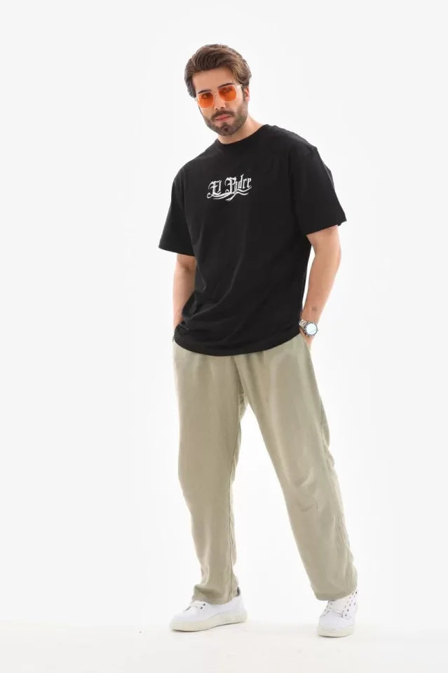 Unisex Bisiklet Yaka Baskılı Oversize T-Shirt - Siyah (110539)