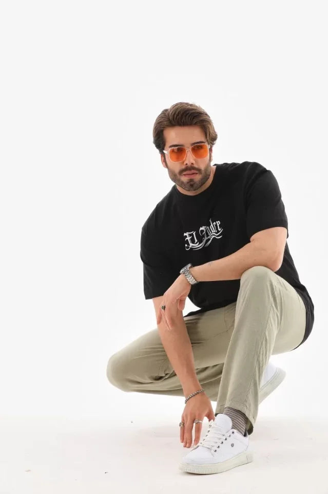 Unisex Bisiklet Yaka Baskılı Oversize T-Shirt - Siyah (110539)