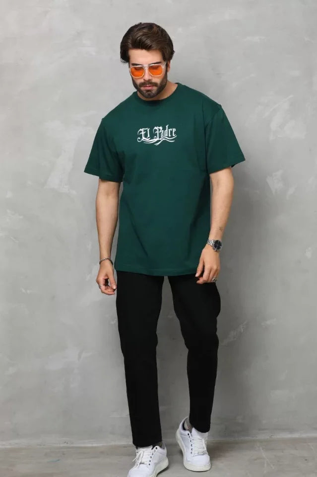 Unisex Bisiklet Yaka Baskılı Oversize T-Shirt - Yeşil (110541)