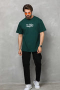 Unisex Bisiklet Yaka Baskılı Oversize T-Shirt - Yeşil (110541)