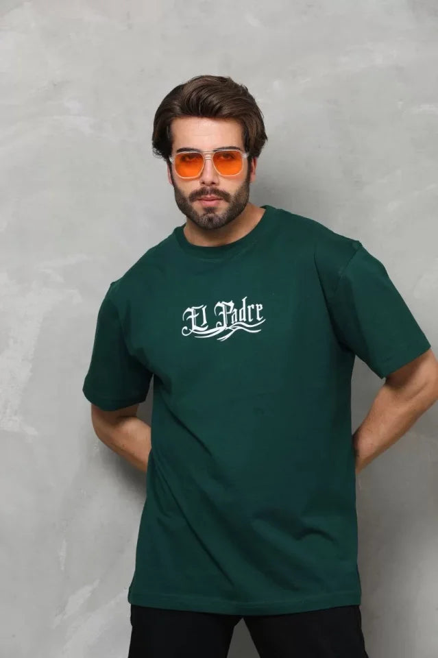 Unisex Bisiklet Yaka Baskılı Oversize T-Shirt - Yeşil (110541)