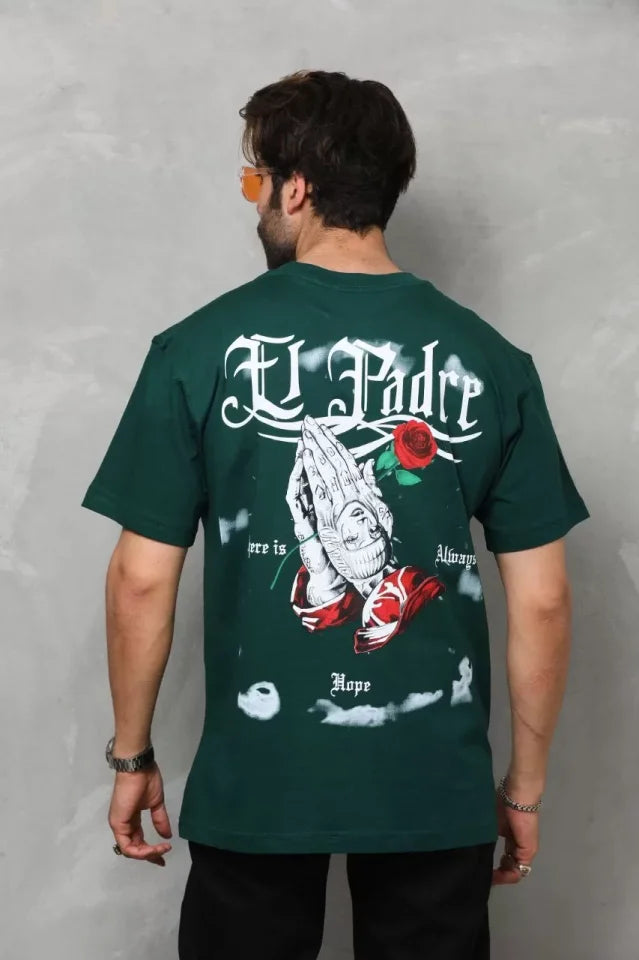 Unisex Bisiklet Yaka Baskılı Oversize T-Shirt - Yeşil (110541)