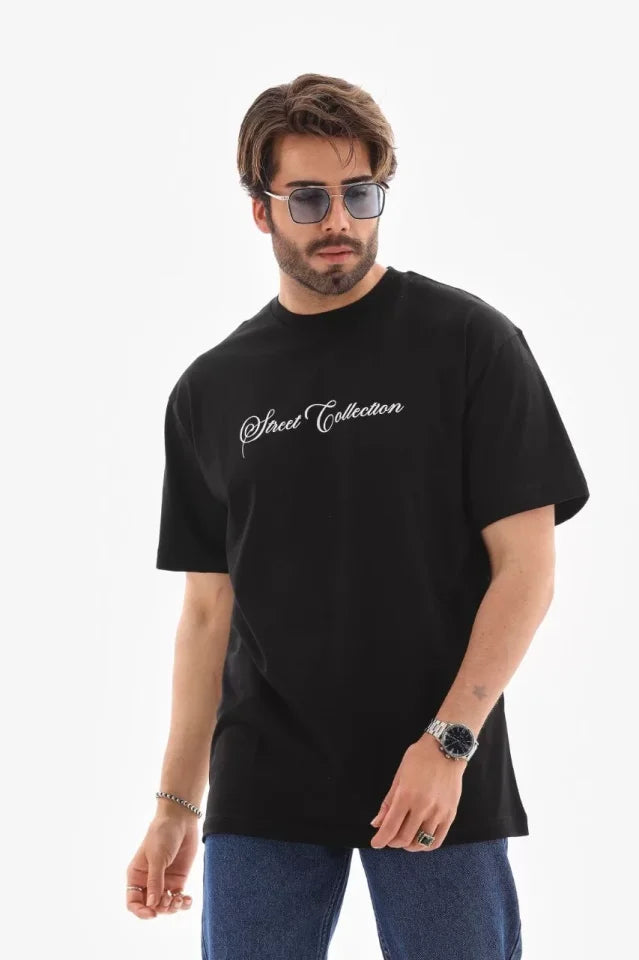 Unisex Bisiklet Yaka Baskılı Oversize T-Shirt - Siyah (110543)
