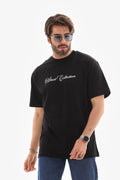 Unisex Bisiklet Yaka Baskılı Oversize T-Shirt - Siyah (110543)