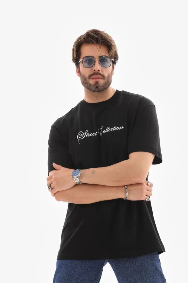 Unisex Bisiklet Yaka Baskılı Oversize T-Shirt - Siyah (110543)