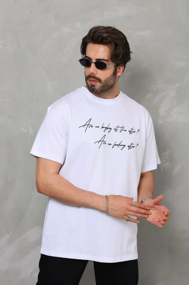 Unisex Bisiklet Yaka Baskılı Oversize T-Shirt - Beyaz (112284)