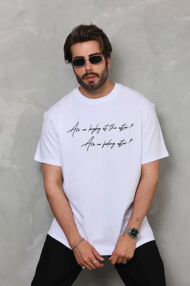 Unisex Bisiklet Yaka Baskılı Oversize T-Shirt - Beyaz (112284)
