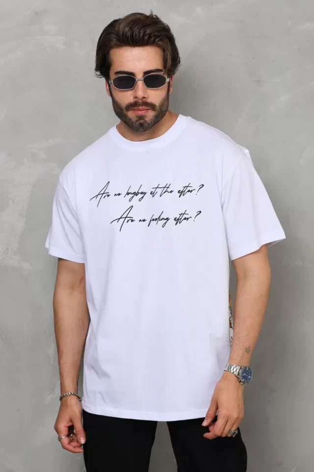 Unisex Bisiklet Yaka Baskılı Oversize T-Shirt - Beyaz (112284)