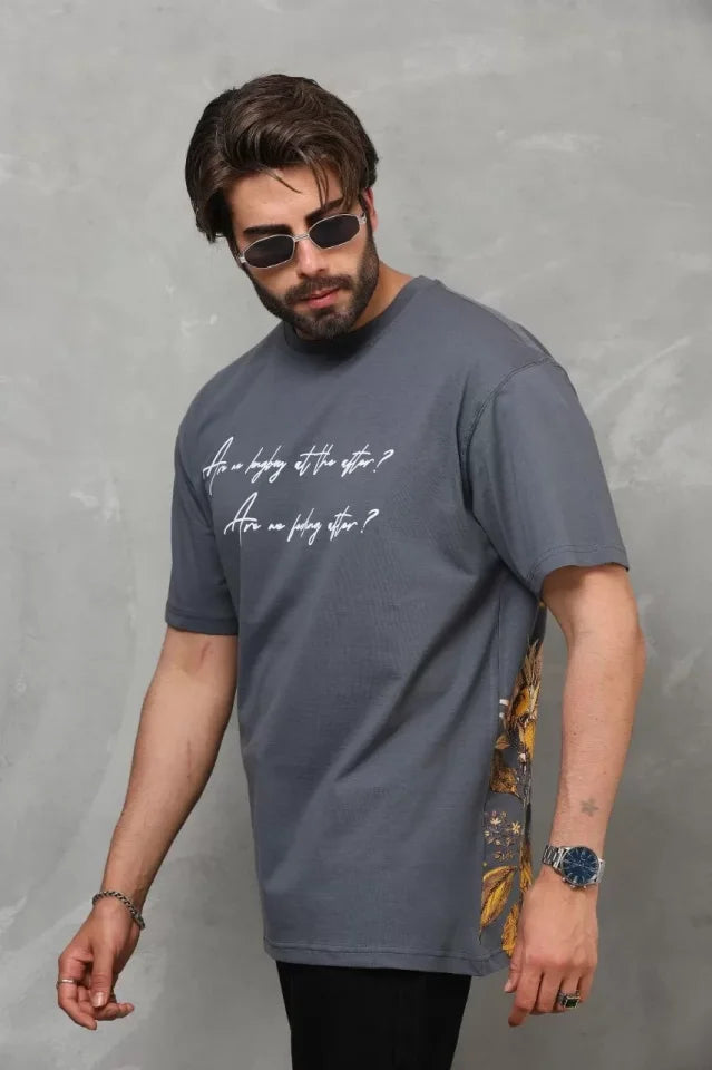 Unisex Bisiklet Yaka Baskılı Oversize T-Shirt - Füme (112285)