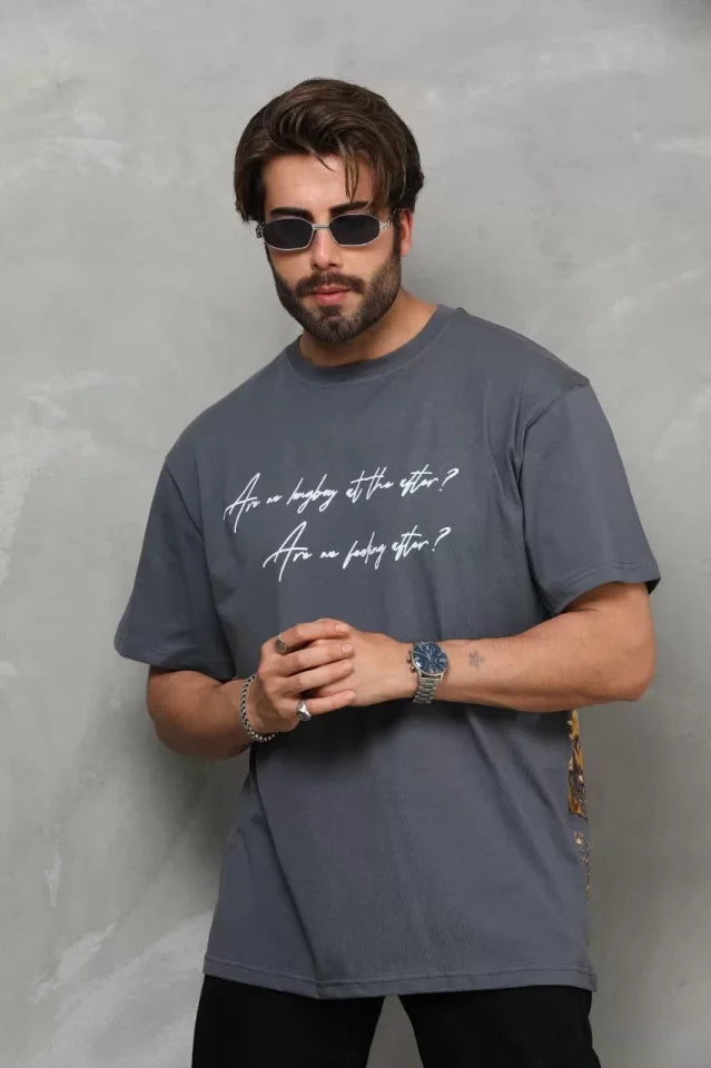 Unisex Bisiklet Yaka Baskılı Oversize T-Shirt - Füme (112285)
