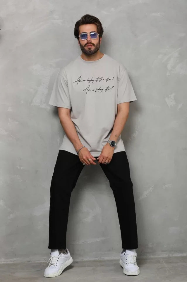 Unisex Bisiklet Yaka Baskılı Oversize T-Shirt - Gri (112286)