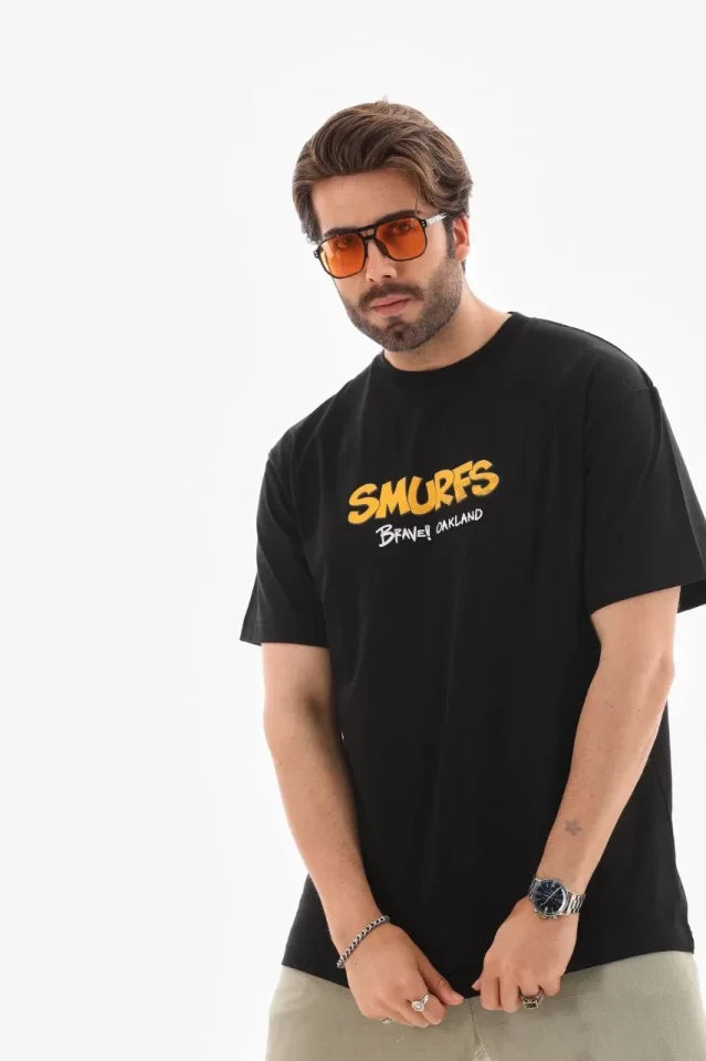 Unisex Bisiklet Yaka Baskılı Oversize T-Shirt - Siyah (112287)