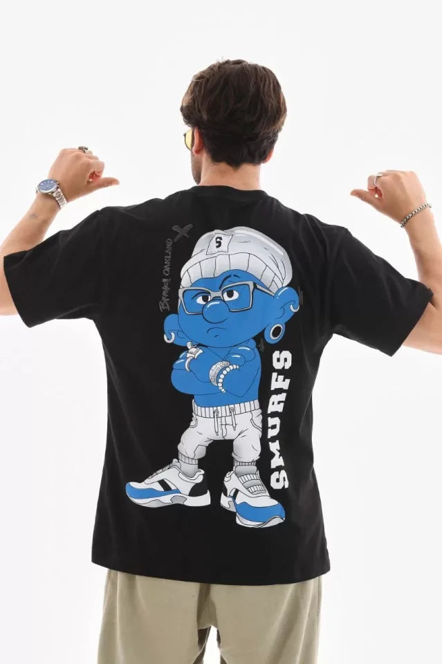 Unisex Bisiklet Yaka Baskılı Oversize T-Shirt - Siyah (112287)