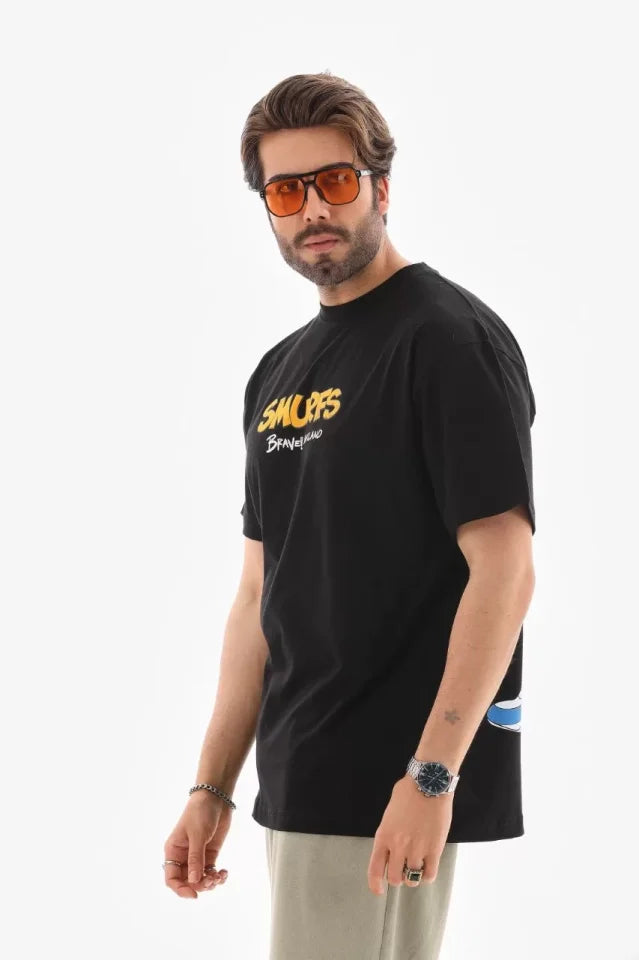 Unisex Bisiklet Yaka Baskılı Oversize T-Shirt - Siyah (112287)
