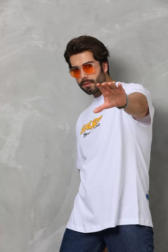 Unisex Bisiklet Yaka Baskılı Oversize T-Shirt - Beyaz (112288)