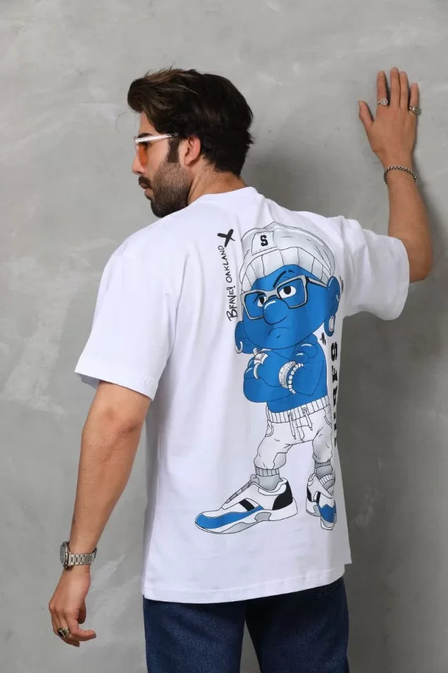 Unisex Bisiklet Yaka Baskılı Oversize T-Shirt - Beyaz (112288)