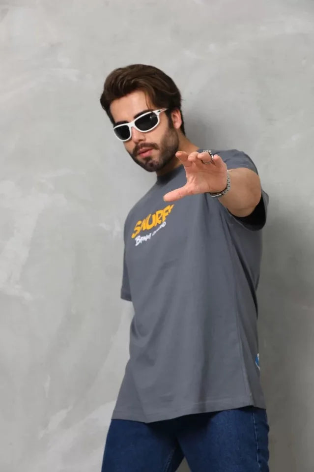 Unisex Basic Bisiklet Yaka Oversize T-Shirt - Füme (112290)