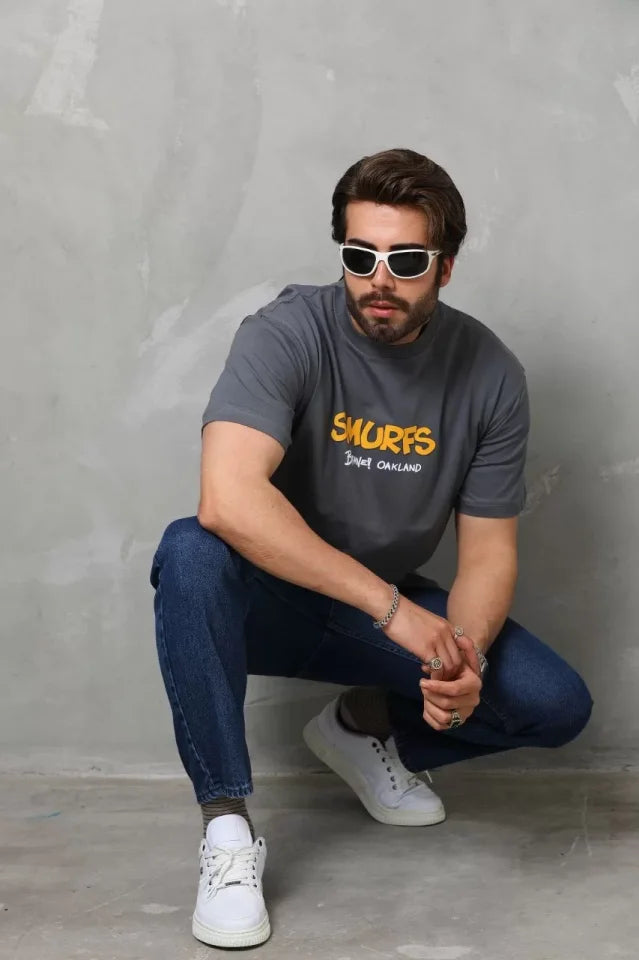 Unisex Basic Bisiklet Yaka Oversize T-Shirt - Füme (112290)