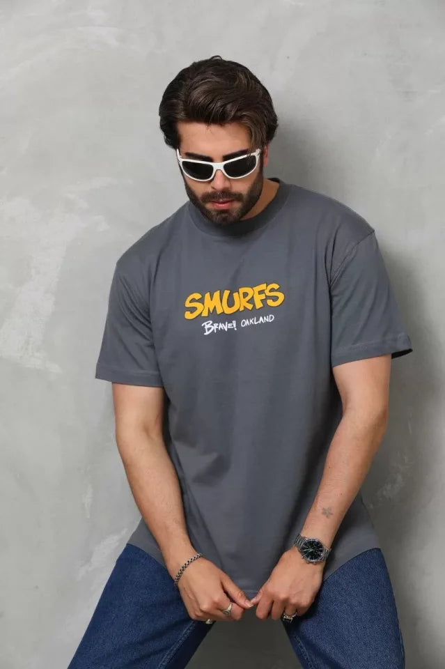 Unisex Basic Bisiklet Yaka Oversize T-Shirt - Füme (112290)
