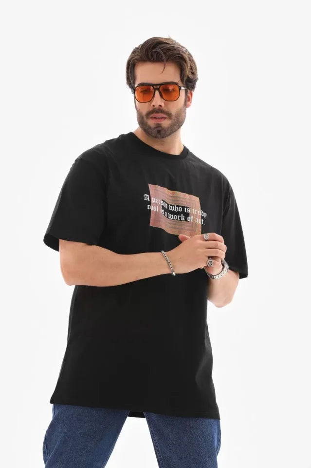 Unisex Bisiklet Yaka Baskılı Oversize T-Shirt - Siyah (112310)