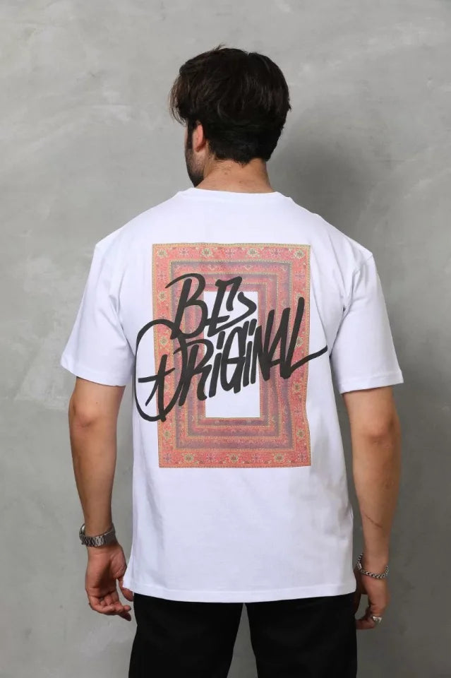 Unisex Bisiklet Yaka Baskılı Oversize T-Shirt - Beyaz (112311)
