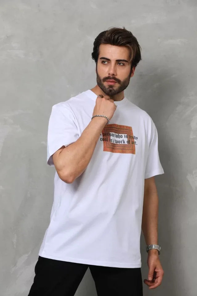 Unisex Bisiklet Yaka Baskılı Oversize T-Shirt - Beyaz (112311)