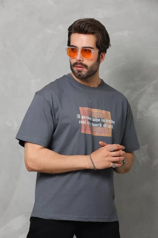 Unisex Bisiklet Yaka Baskılı Oversize T-Shirt - Füme (112312)