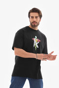 Unisex Bisiklet Yaka Baskılı Oversize T-Shirt - Siyah (112400)