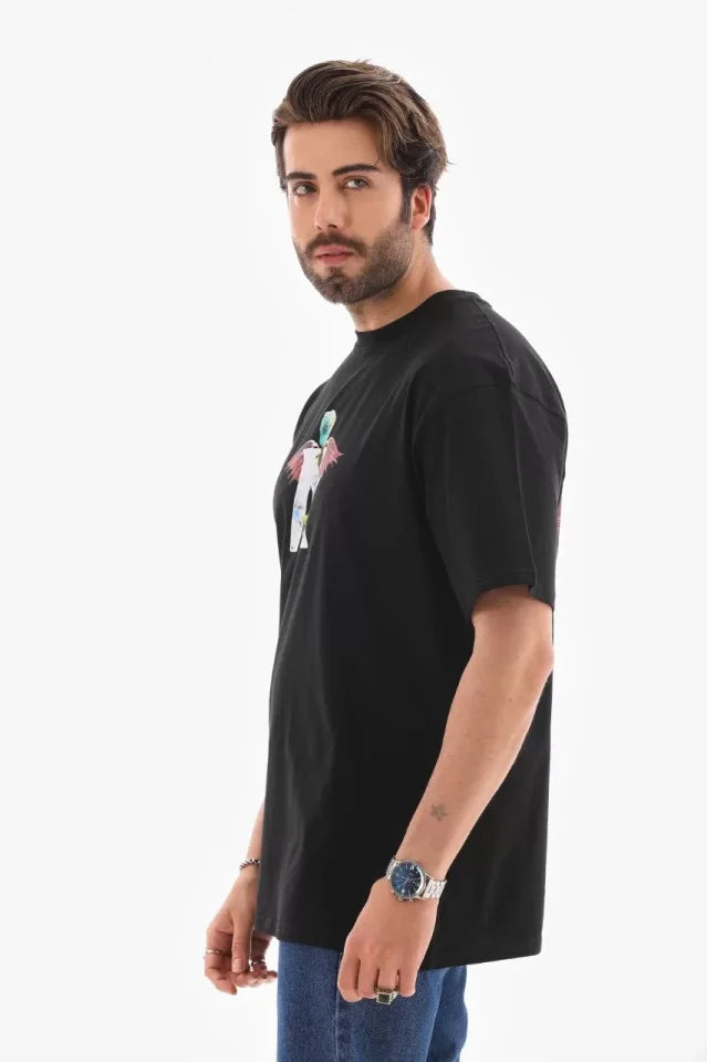 Unisex Bisiklet Yaka Baskılı Oversize T-Shirt - Siyah (112400)