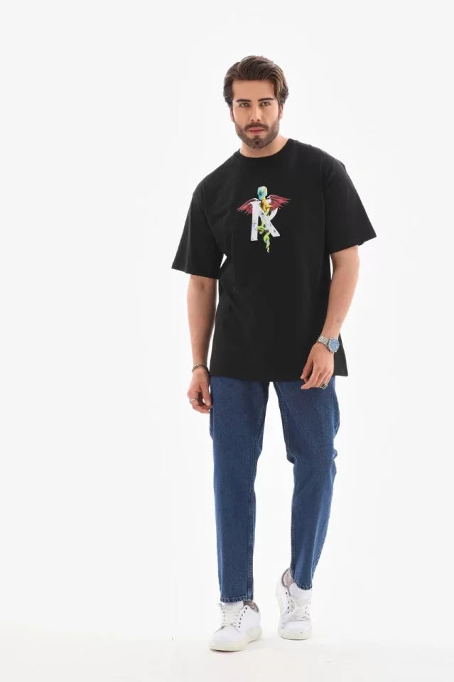 Unisex Bisiklet Yaka Baskılı Oversize T-Shirt - Siyah (112400)