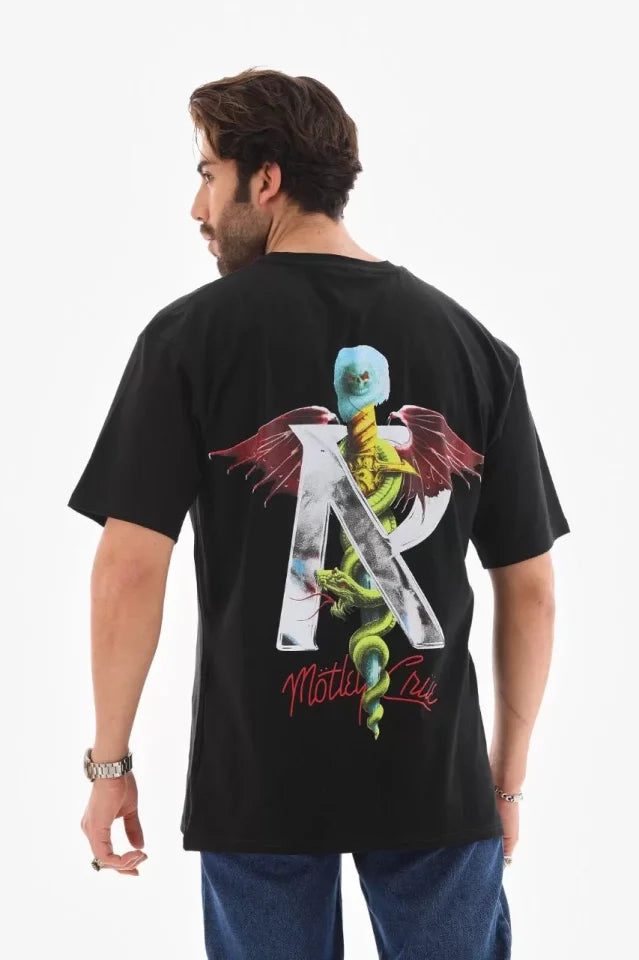 Unisex Bisiklet Yaka Baskılı Oversize T-Shirt - Siyah (112400)