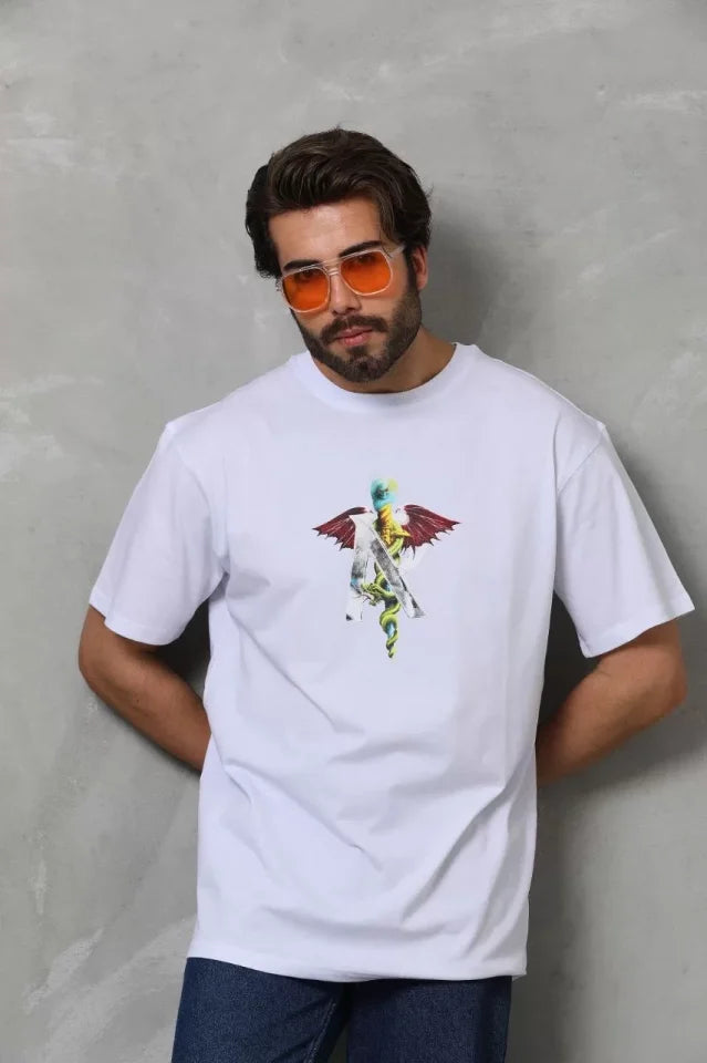 Unisex Bisiklet Yaka Baskılı Oversize T-Shirt - Beyaz (112401)