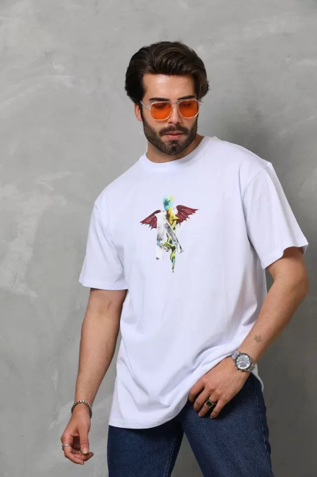 Unisex Bisiklet Yaka Baskılı Oversize T-Shirt - Beyaz (112401)