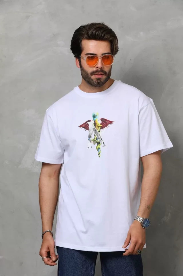 Unisex Bisiklet Yaka Baskılı Oversize T-Shirt - Beyaz (112401)