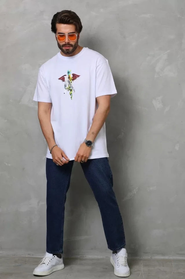 Unisex Bisiklet Yaka Baskılı Oversize T-Shirt - Beyaz (112401)