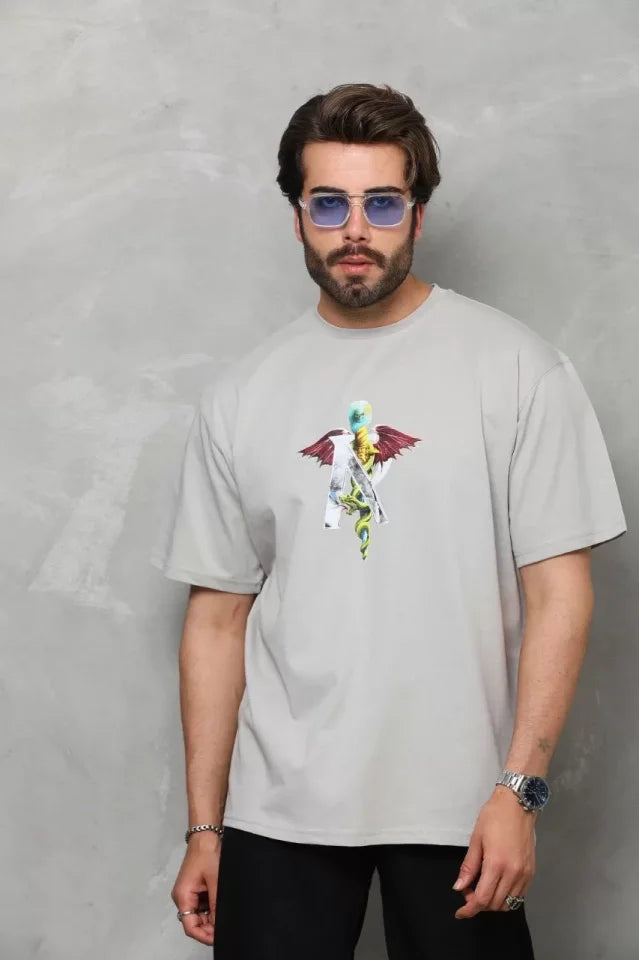 Unisex Bisiklet Yaka Baskılı Oversize T-Shirt - Gri (112402)