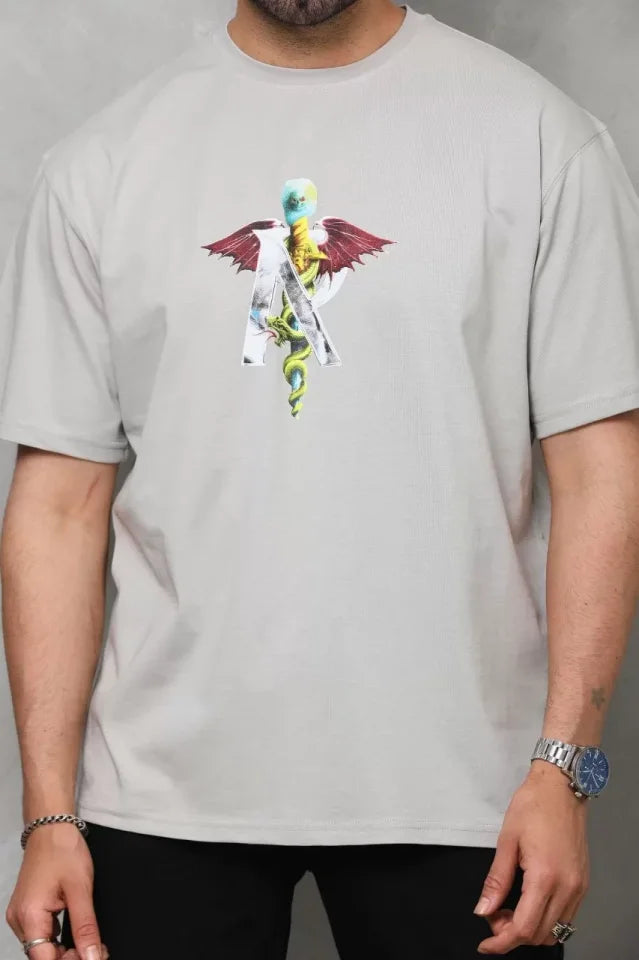 Unisex Bisiklet Yaka Baskılı Oversize T-Shirt - Gri (112402)