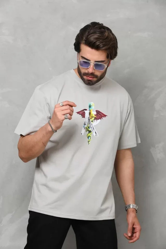 Unisex Bisiklet Yaka Baskılı Oversize T-Shirt - Gri (112402)