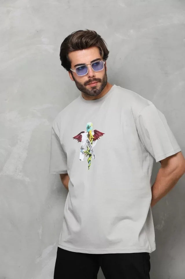 Unisex Bisiklet Yaka Baskılı Oversize T-Shirt - Gri (112402)