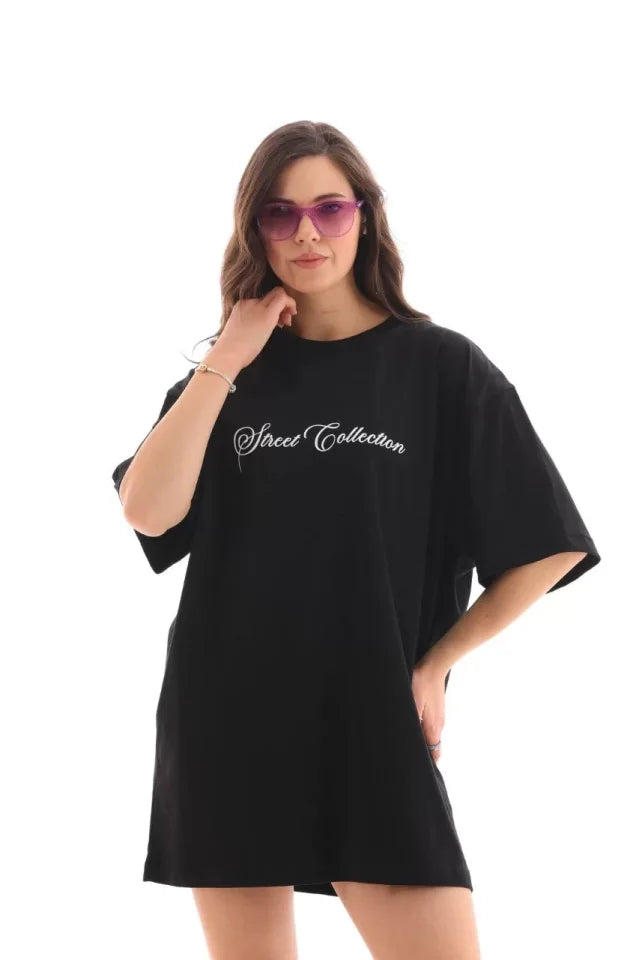 Unisex Bisiklet Yaka Baskılı Oversize T-Shirt - Siyah (112553)