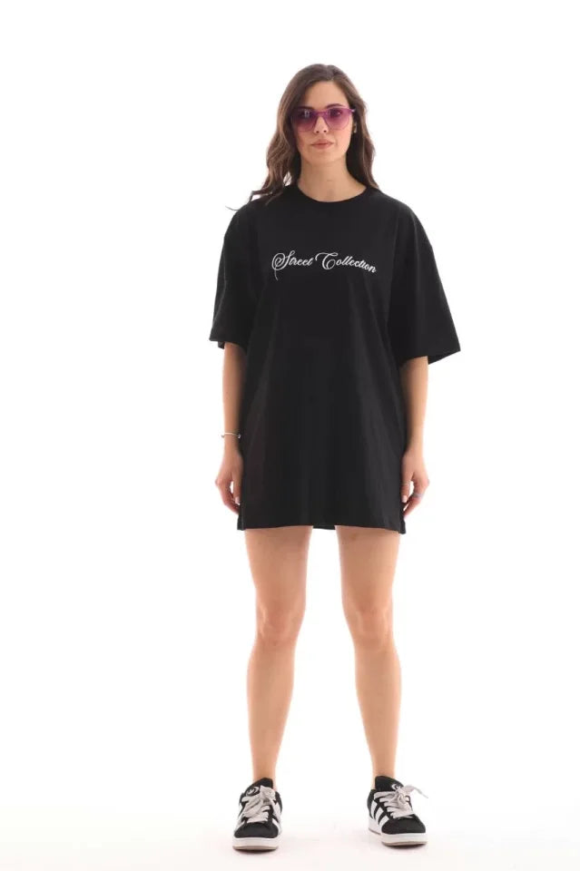 Unisex Bisiklet Yaka Baskılı Oversize T-Shirt - Siyah (112553)