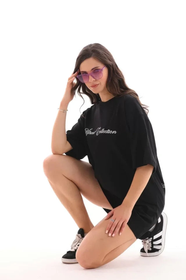 Unisex Bisiklet Yaka Baskılı Oversize T-Shirt - Siyah (112553)
