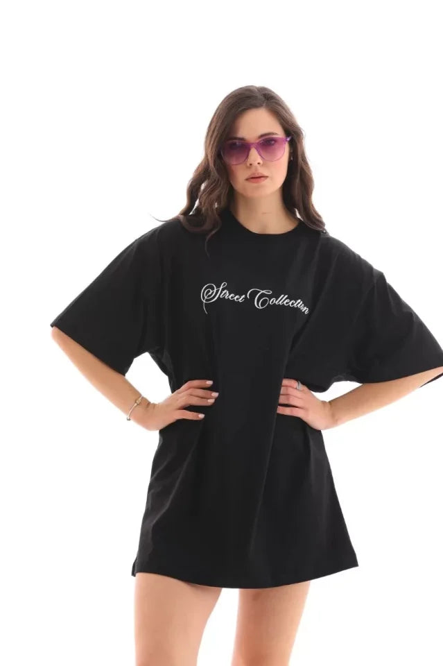 Unisex Bisiklet Yaka Baskılı Oversize T-Shirt - Siyah (112553)