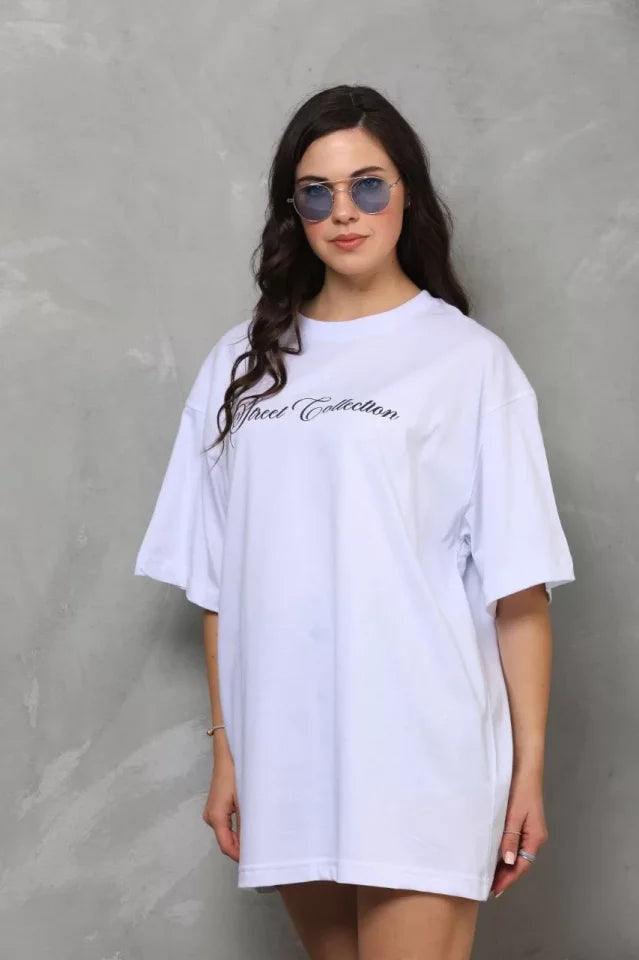 Unisex Bisiklet Yaka Baskılı Oversize T-Shirt - Beyaz (112554)