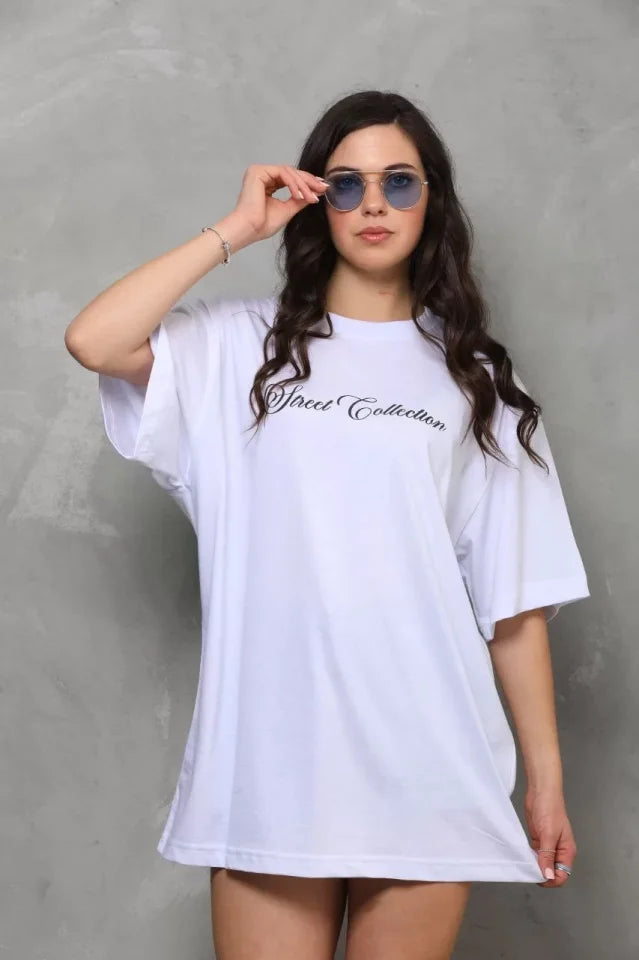 Unisex Bisiklet Yaka Baskılı Oversize T-Shirt - Beyaz (112554)