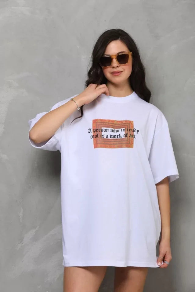 Unisex Bisiklet Yaka Baskılı Oversize T-Shirt - Beyaz (112556)