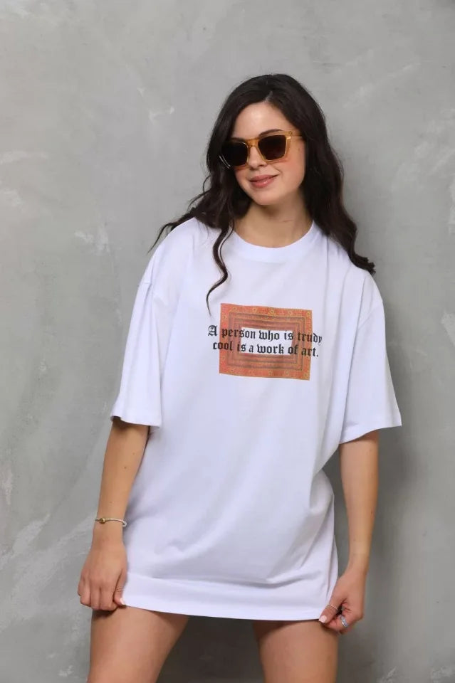 Unisex Bisiklet Yaka Baskılı Oversize T-Shirt - Beyaz (112556)